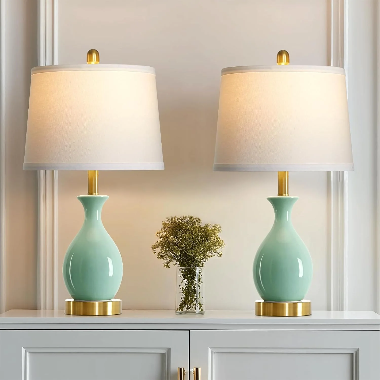 24″ Sage Green Ceramic Table Lamps Set of 2, Modern Classic Bedside Lamps for Bedroom Nightstand, Small Table Lamp for L