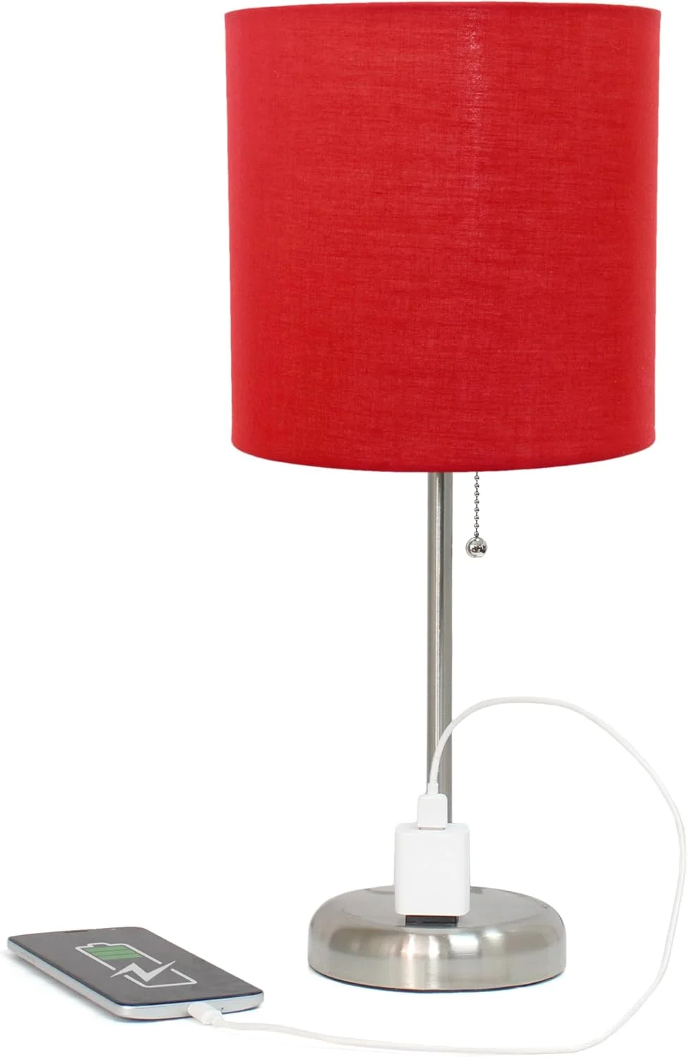 Simple Designs LT2024-RED-2PK Two Pack Brushed Steel Stick Table Desk Lamp Set with Charging Outlet and Drum Fabric Shad