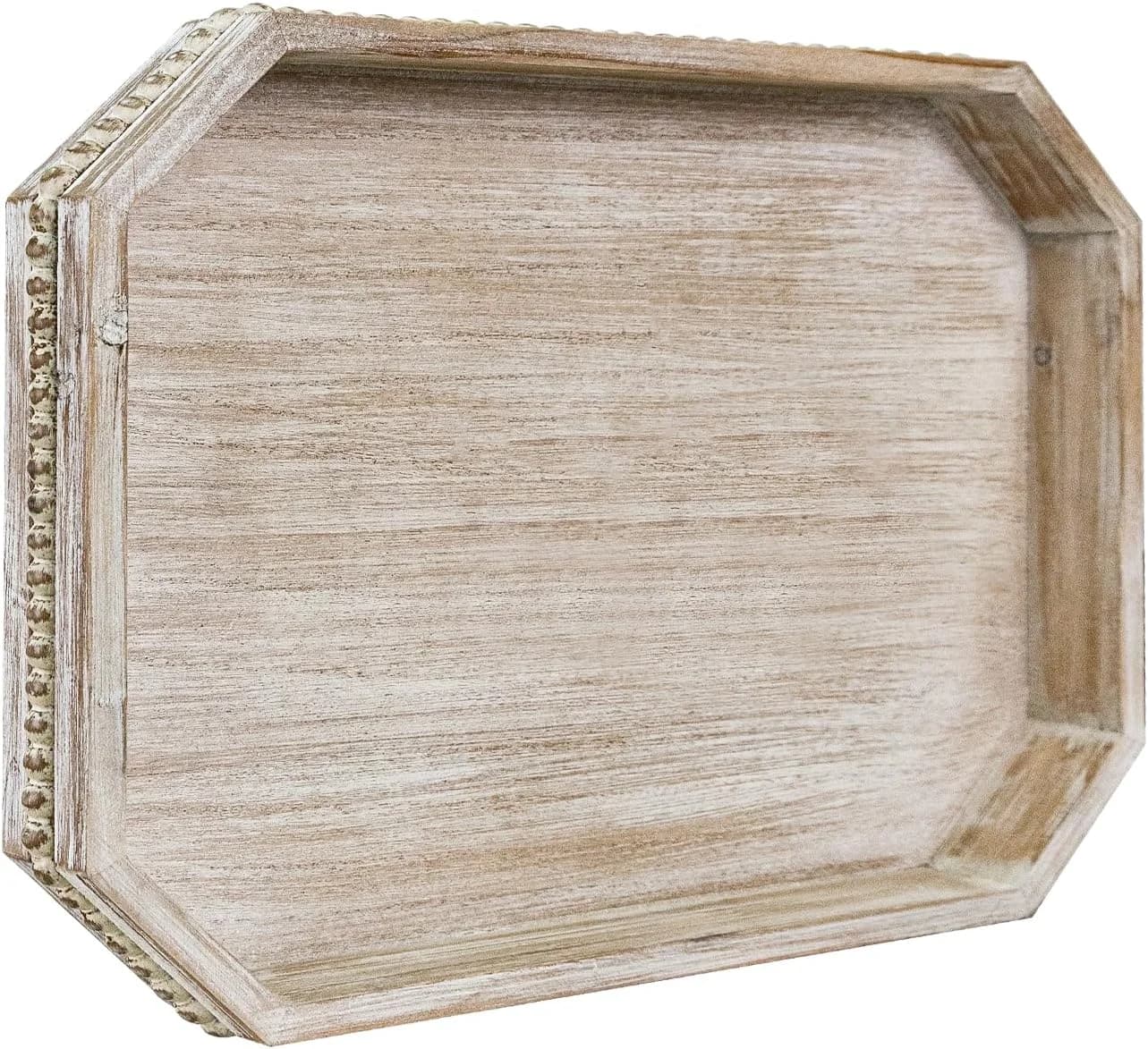 Wooden Decorative Tray, Rustic Serving Tray with Wood Bead, Farmhouse Big Tray for Ottoman, Countertop, Coffee Tabl, 16.