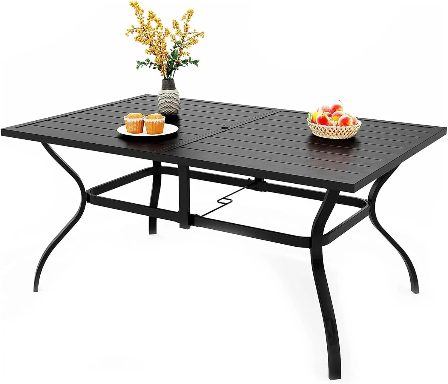 PHI VILLA Patio Table for 6, Black Metal Dining Table w/Umbrella Hole