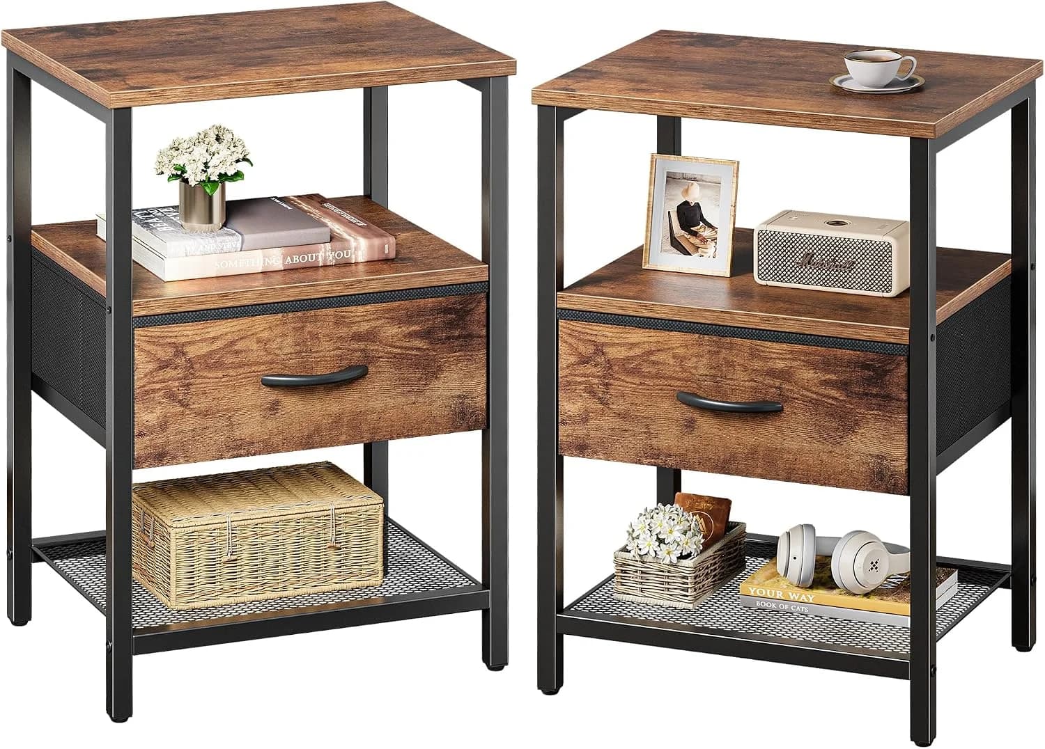 Huuger Nightstand Set of 2, Night Stand with Fabric Drawer, Mesh Shelf