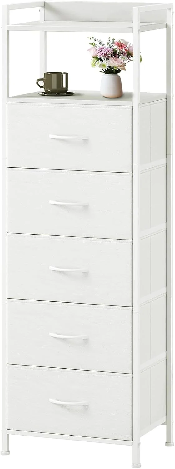 Somdot White Tall Dresser for Bedroom with 5 Drawers, Tall Nightstand