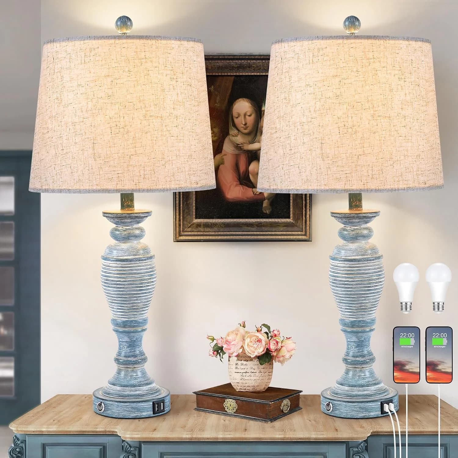 27.7” Farmhouse Table Lamps for Living Room, Blue&White, Set of 2