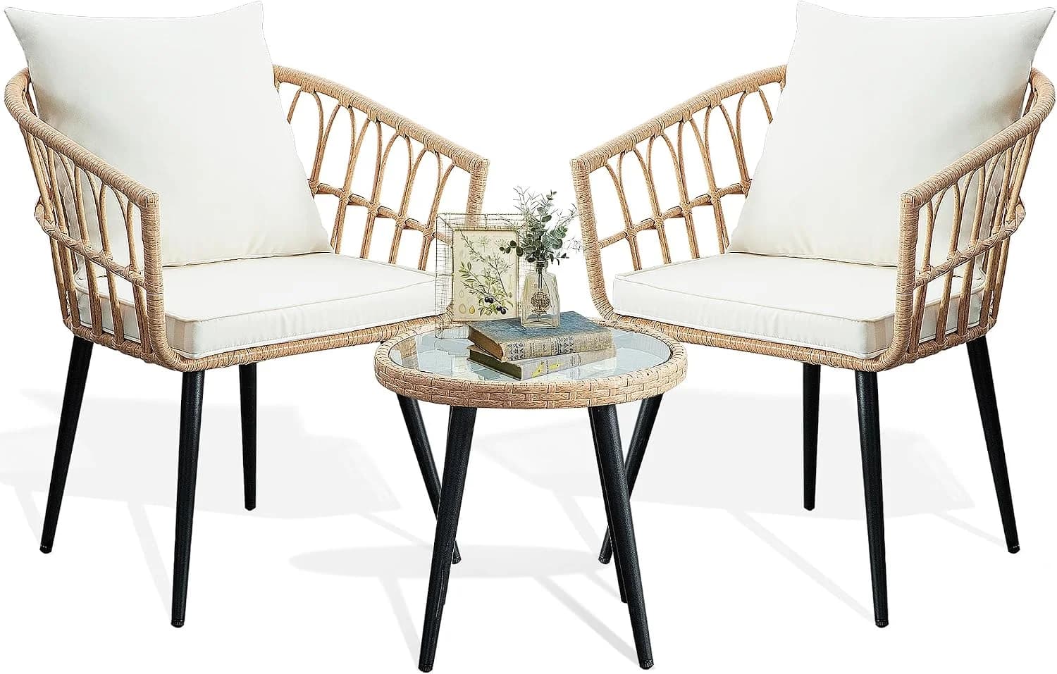 PORWEY 3 Piece Patio Bistro Set, Outdoor Wicker Balcony Furniture Sets
