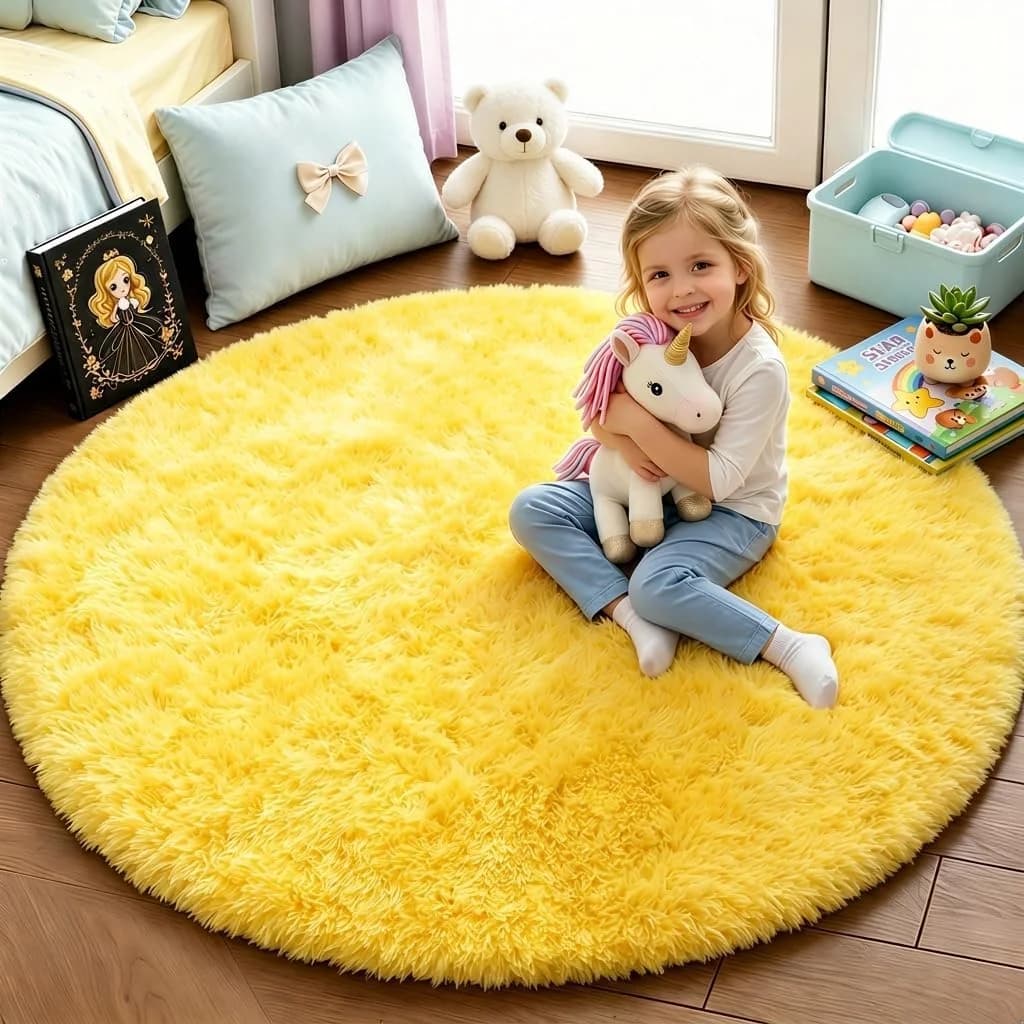 PAGISOFE Round Area Rugs 5Ft, Fluffy Yellow Carpets for Bedroom Girls,Cute Rug for Girls Room,Fuzzy Rug for Playroom,Cir