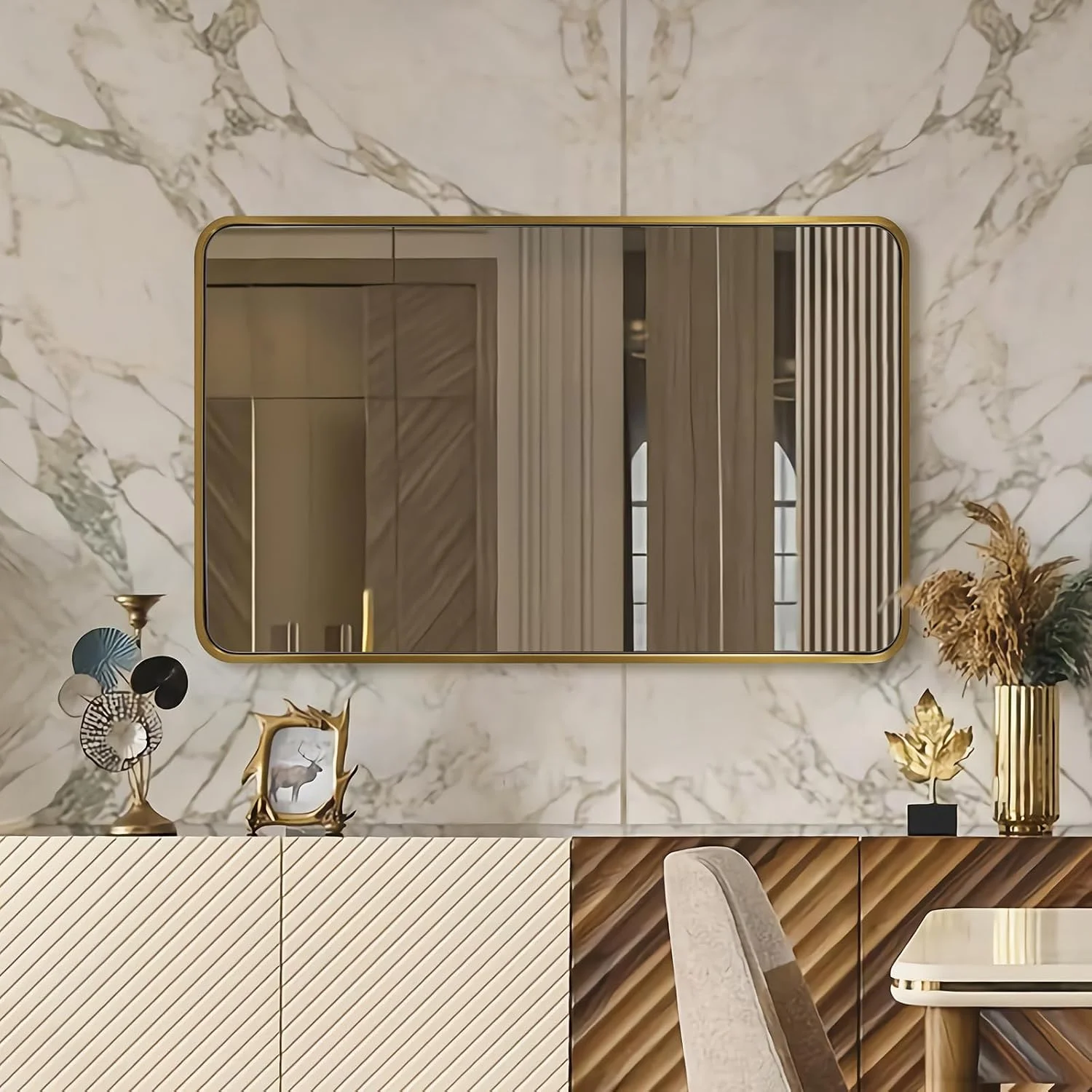 ANDY STAR Brushed Gold Bathroom Mirror 48”X30”, Brass Bathroom Vanity Mirror Rounded Rectangle, SUS304-Anti-Rust Metal F
