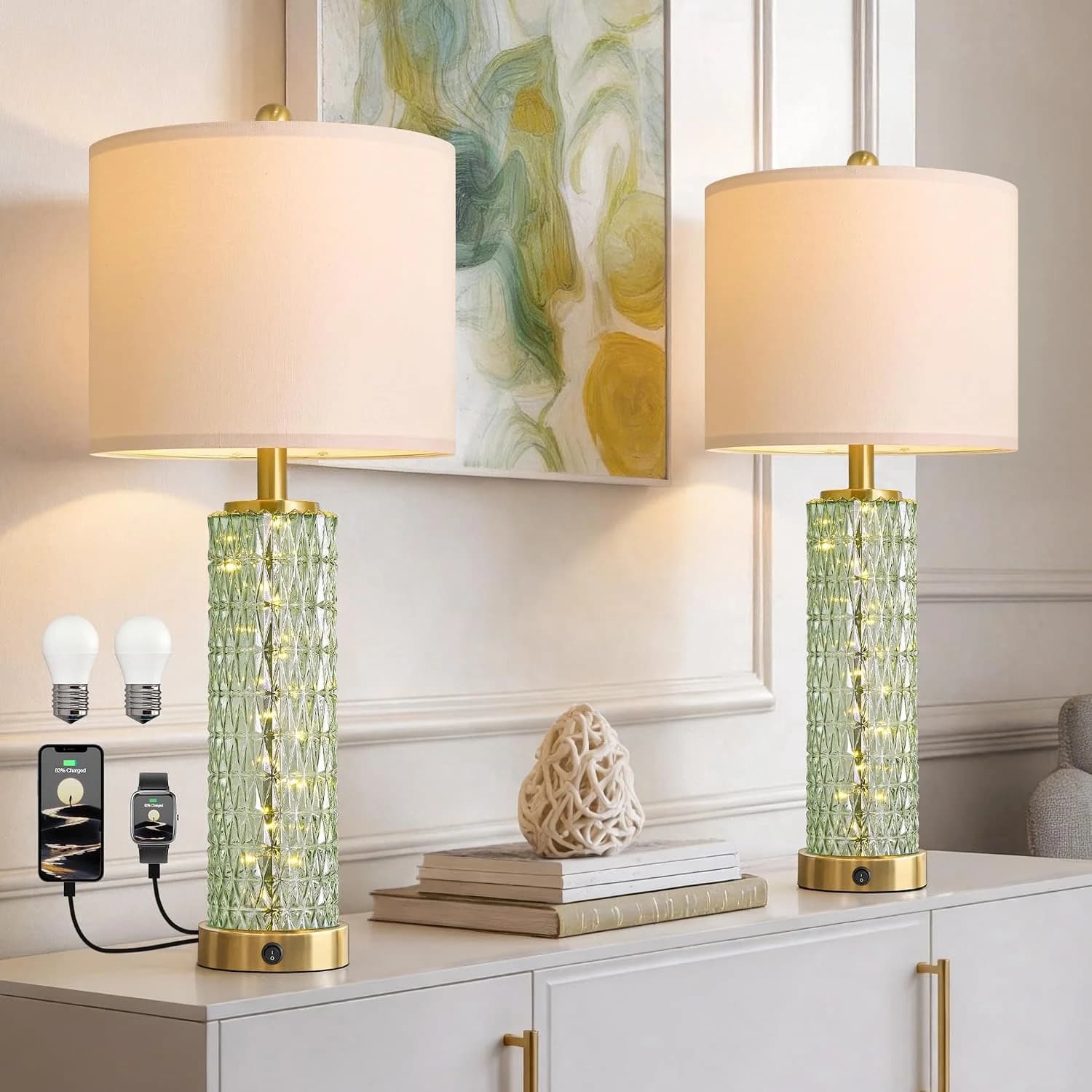 Oneach 27.75" Modern Table Lamps Set of 2, Green Bedside Lamp with Glass Nightlight, USB A+C, Unique Desk Lamps for Livi