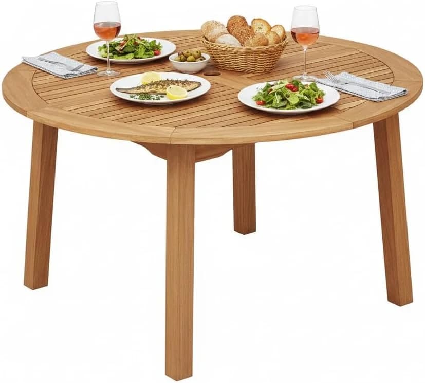 Tangkula 53" Round Outdoor Dining Table for 4-6 People, Acacia Wood Patio Table with Large Tabletop & 2" Umbrella Hole,