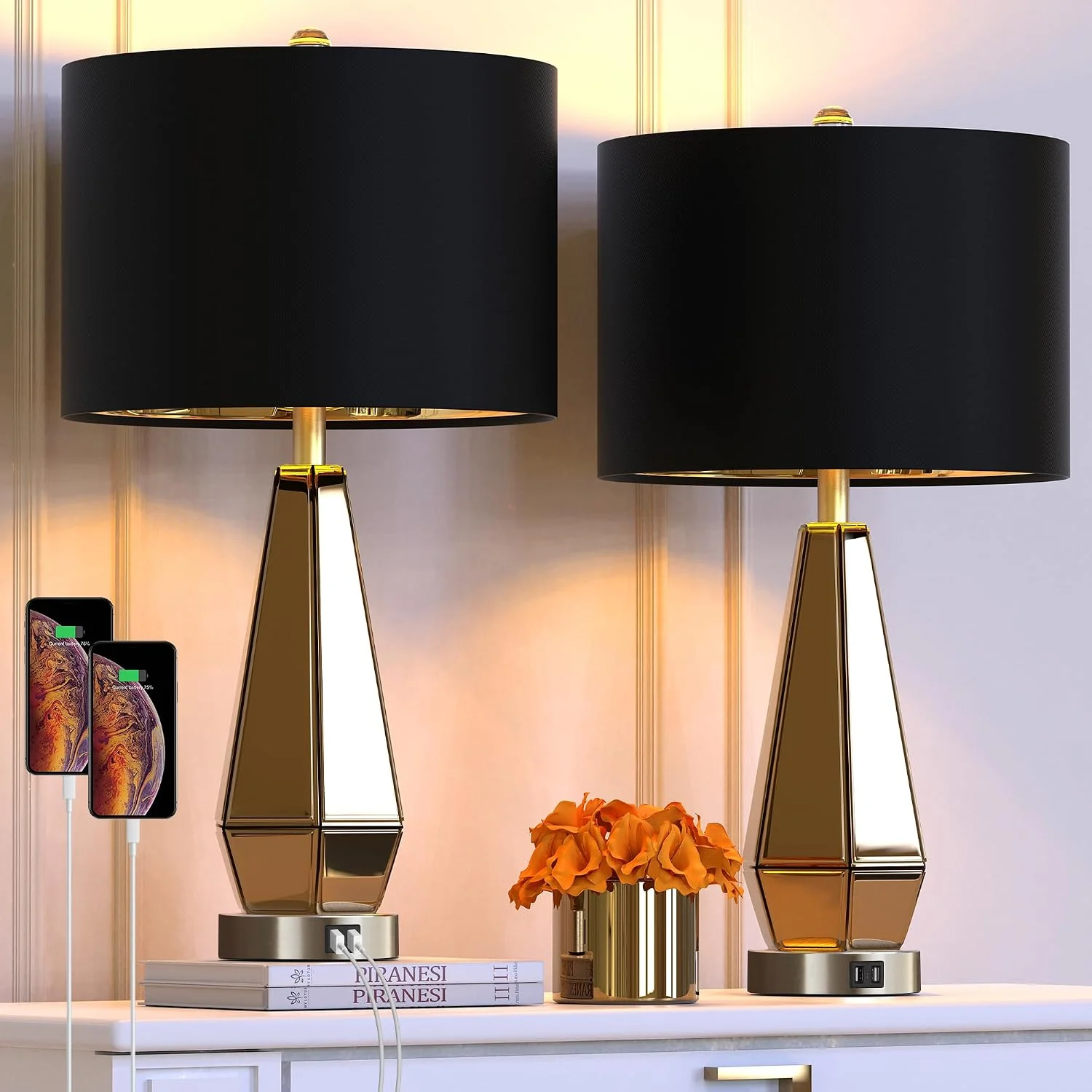 Hamucd Set of 2 Mirrored Glass Bedside Table Lamps with 2 USB Ports for Bedrooms Modern Amber Side Nightstand Lamps with