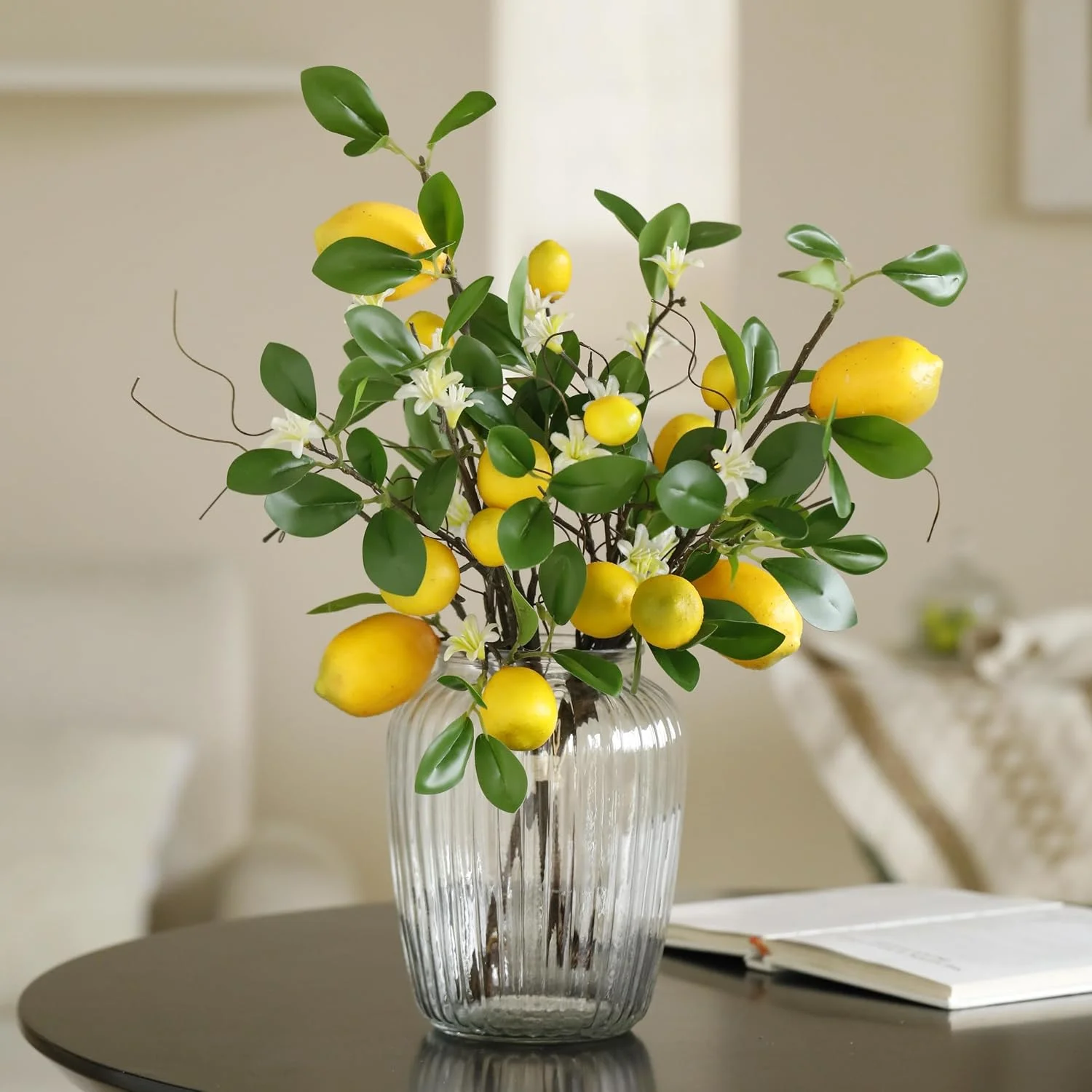 Laelfe Artificial Lemons Branches, 8 Head Faux Lemons with Stem Fake Lemon Themed for Kitchen Decoration Party Farmhouse