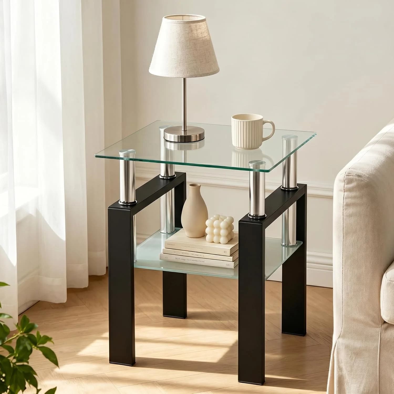 Meihua Glass End Table, Square Glass Side Table, 2-Tier Modern Nightstand with Metal Legs for Living Room&Bedroom (Trans