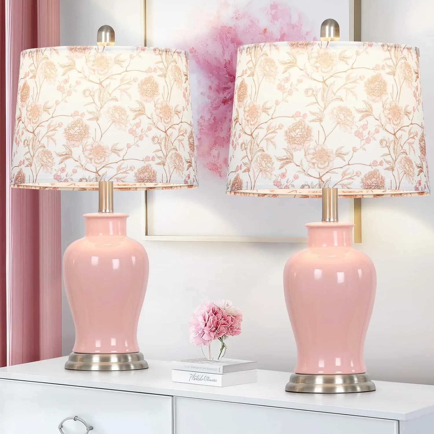 Ruzectt Pink Ceramic Table Lamp with Flower Lampshade, 23" Cute Bedroom Lamp with Ginger Jar Design, Modern Living Room