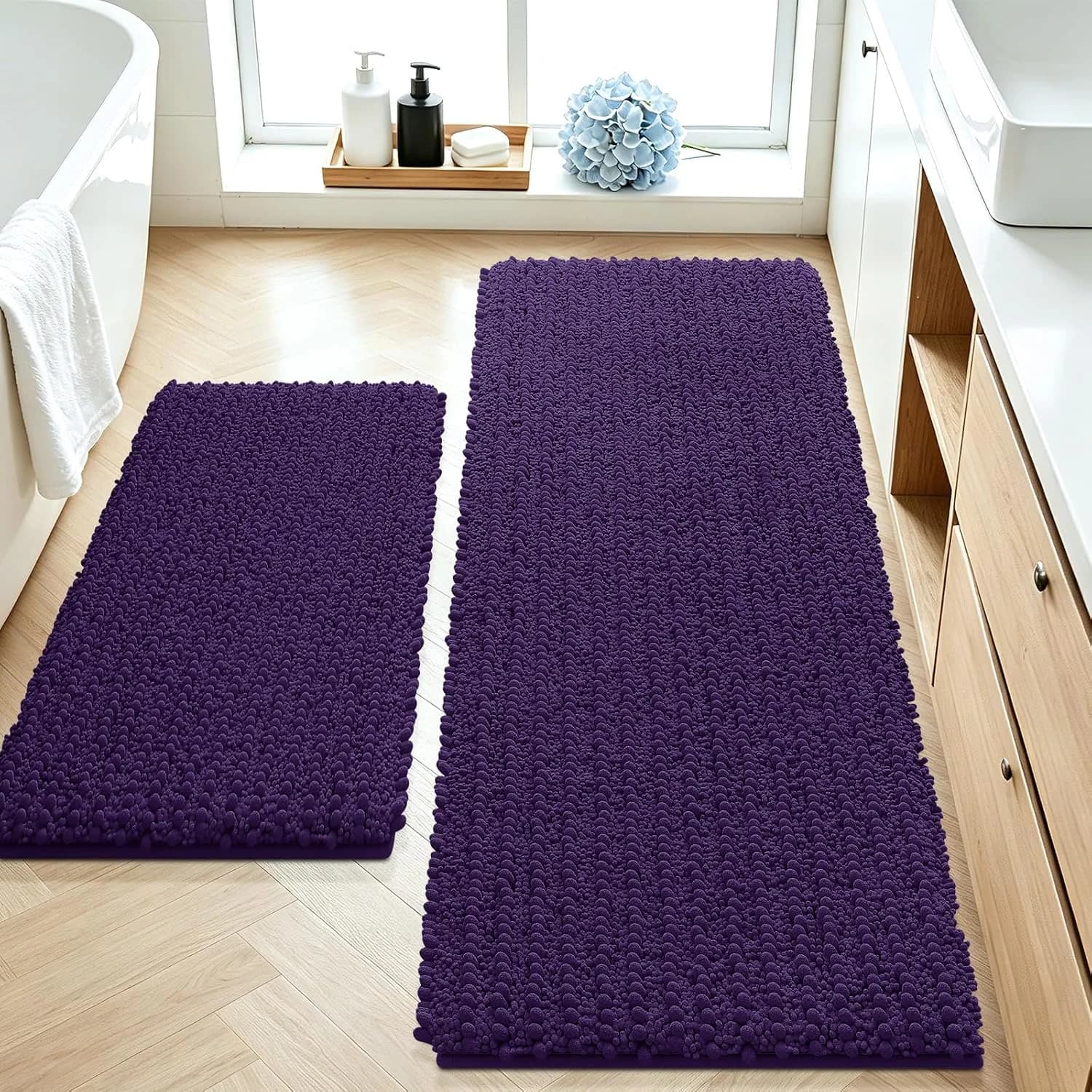 ACCUMTEK Upgrade Luxury 2 Piece Dark Purple Toilet Bathroom Rug Mat 48"x20"+24"x17", Ultra Soft Thick Absorbent Bath Mat