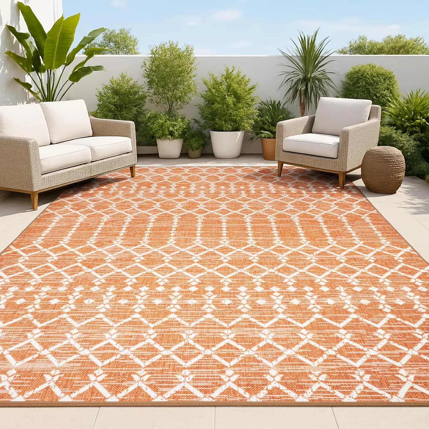 JONATHAN Y Moroccan Geometric Indoor Outdoor Area Rug 3X5 Orange/Cream, Ourika Textured Weave for Backyard, Patio, Porch