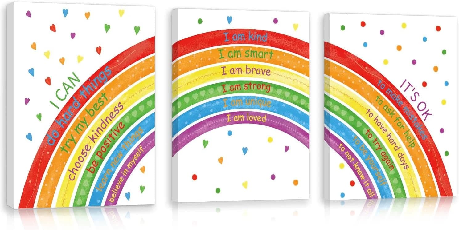 HOURIA Framed Rainbow Kids Affirmations Canvas Wall Art,(3PCS.12 x16“) I Can I Am It's OK Inspirational Wall Art,Positiv