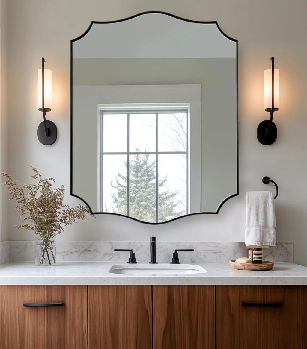 ANDY STAR Bathroom Mirror, 28x36 Inch Matte Black Vanity Mirror, Unique Rectangle Mirror with Sophisticated Curved Desig