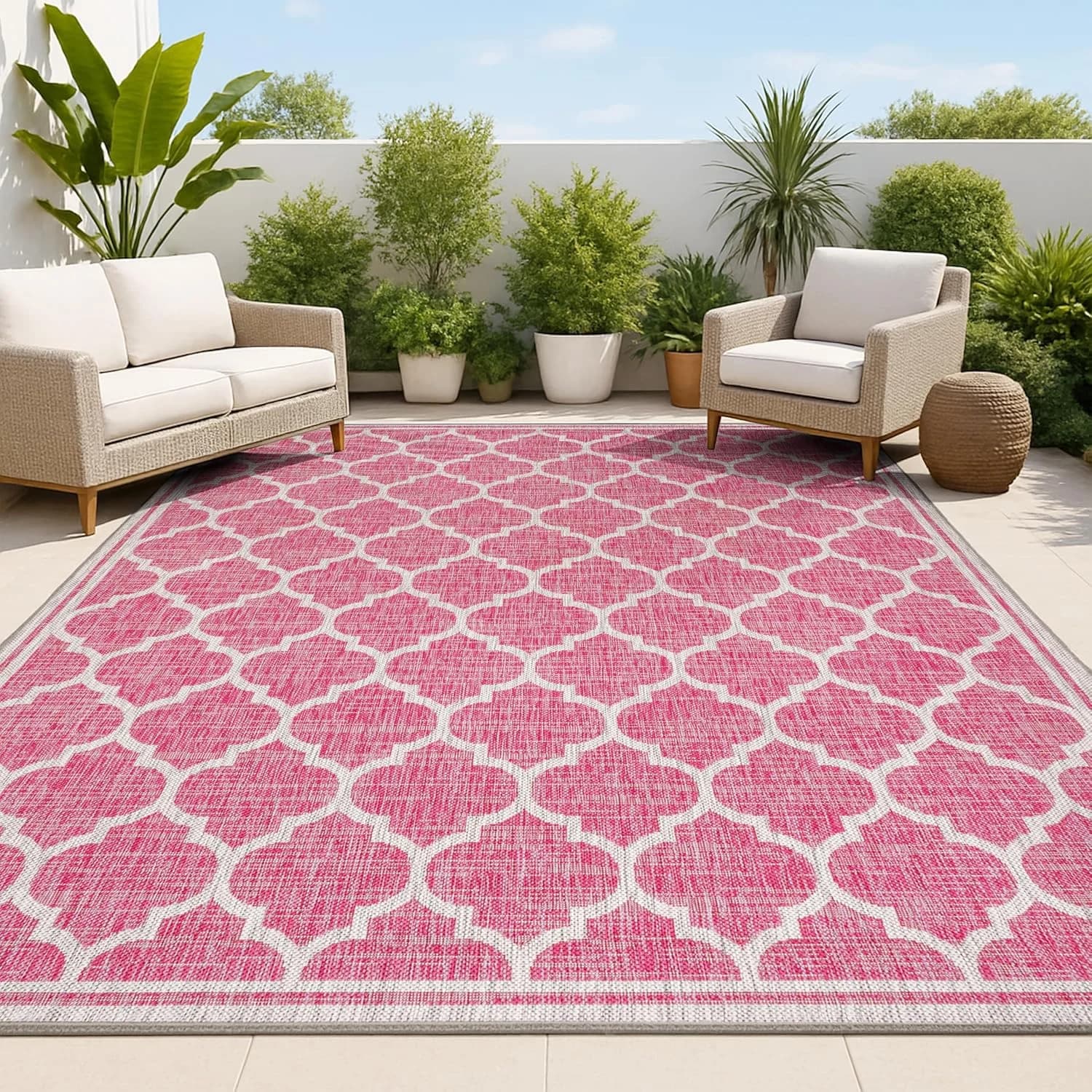 JONATHAN Y Moroccan Trellis Indoor Outdoor Area Rug 3X5 Fuchsia/Light Gray, Trebol Textured Weave for Backyard, Patio, P