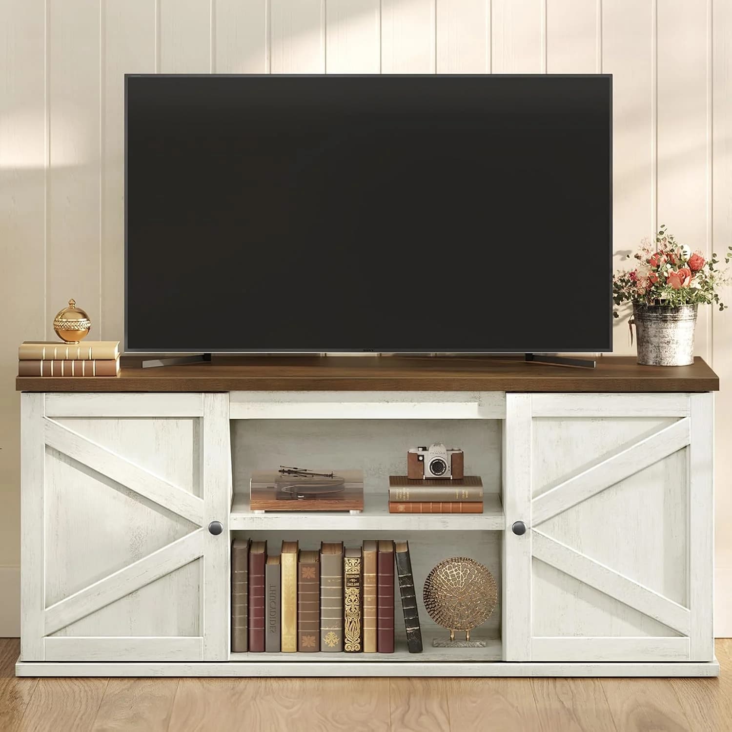 VASAGLE Farmhouse TV Stand for 65'' TV, Media Console, Sliding Barn Doors