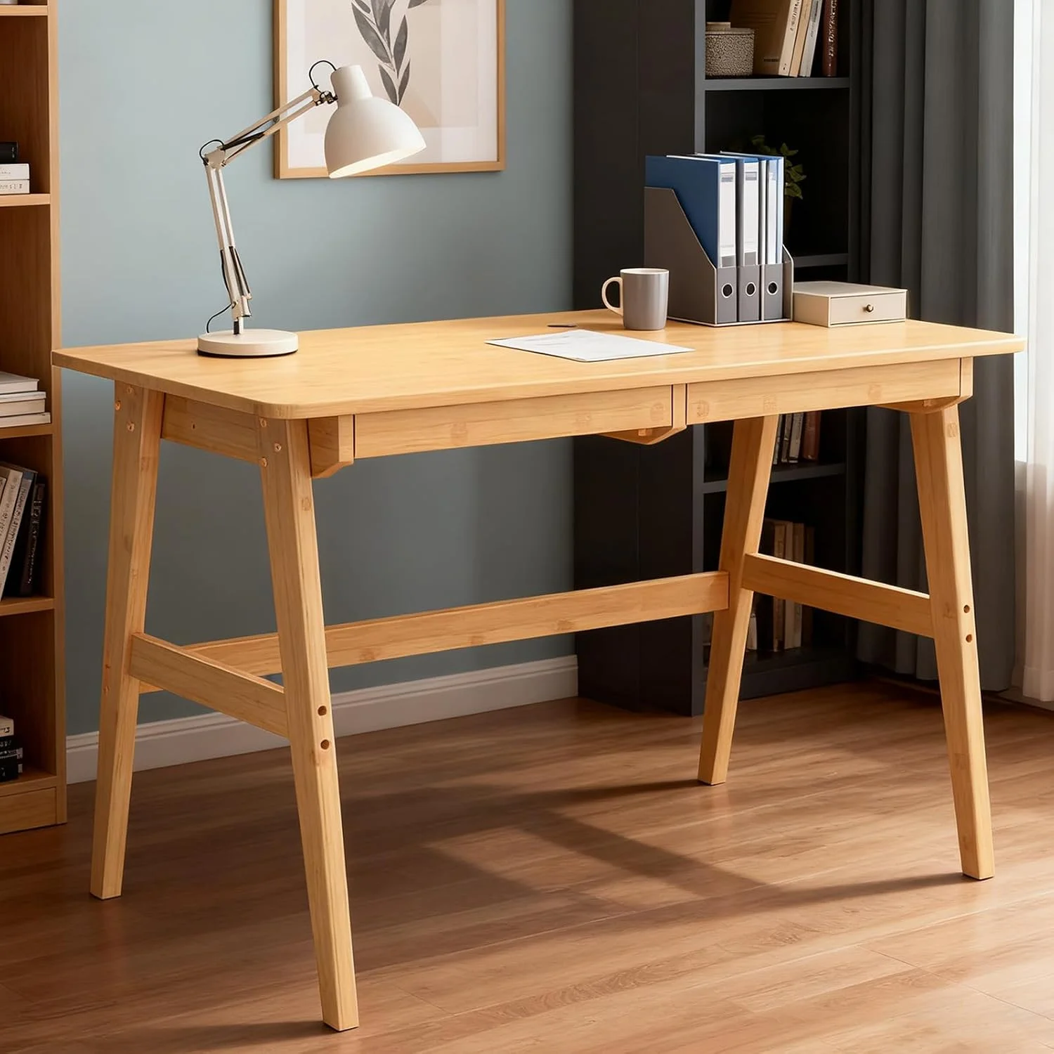 Nnewvante Writing Computer Desk 46" Bamboo Home Office Table with 2 Drawers, Modern Furniture Simple Study Makeup Workst