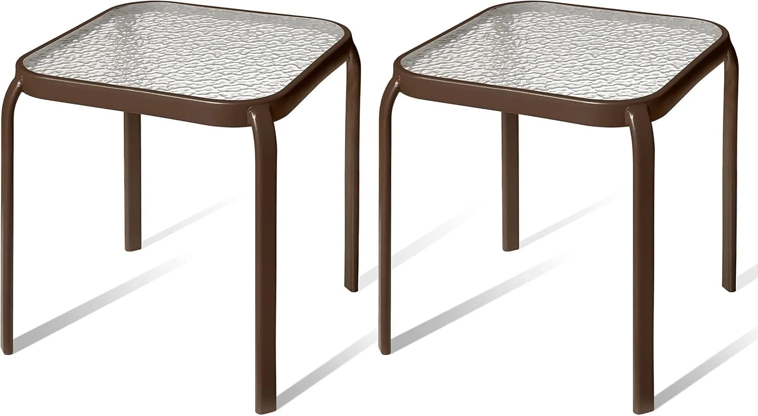 Bronze Metal Outdoor Side Table with Tempered Glass Top Set of 2 – Elegant Small 16" Square Patio Table – Durable Weathe