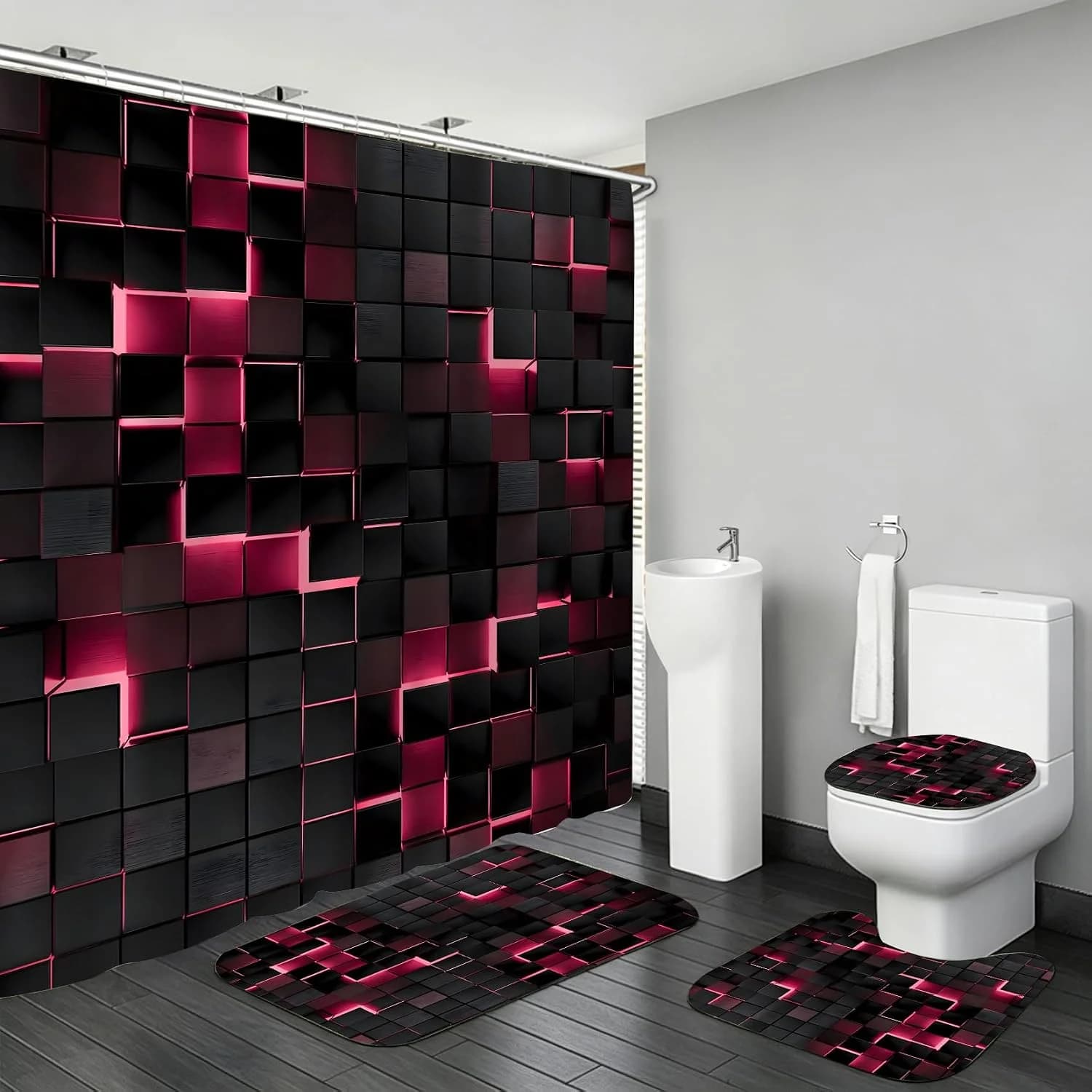 LQCOOL 4Pcs Pink Shower Curtain Set 3D Cubes Bathroom Sets Modern Shower Curtain Set for Bathroom Sets with Rugs Black a