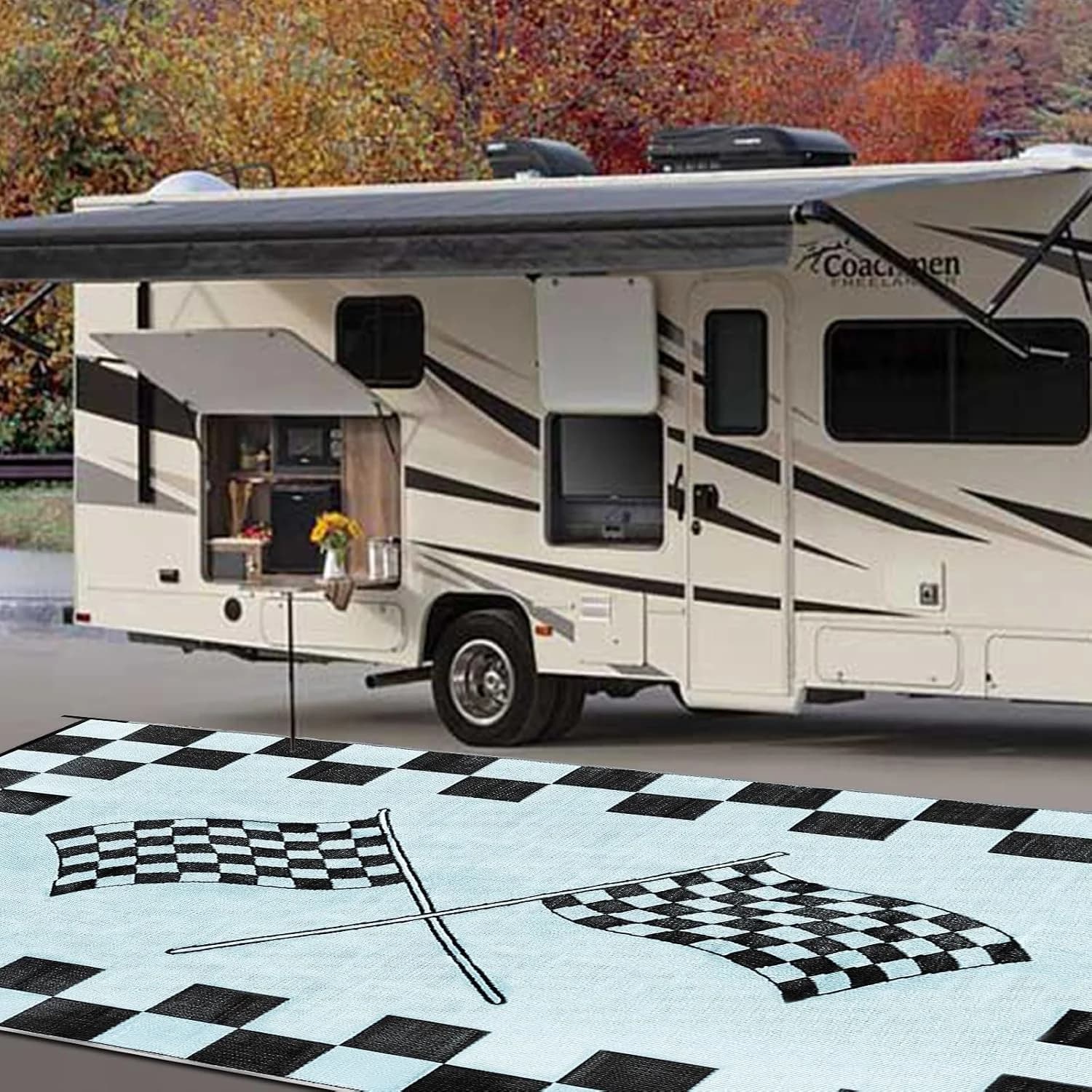 EEZ RV Products 9'x18'cf Heavy Duty Reversible/Durable Outdoor RVing/Boondocking Mats (9ft x18ft Black & White Checker F