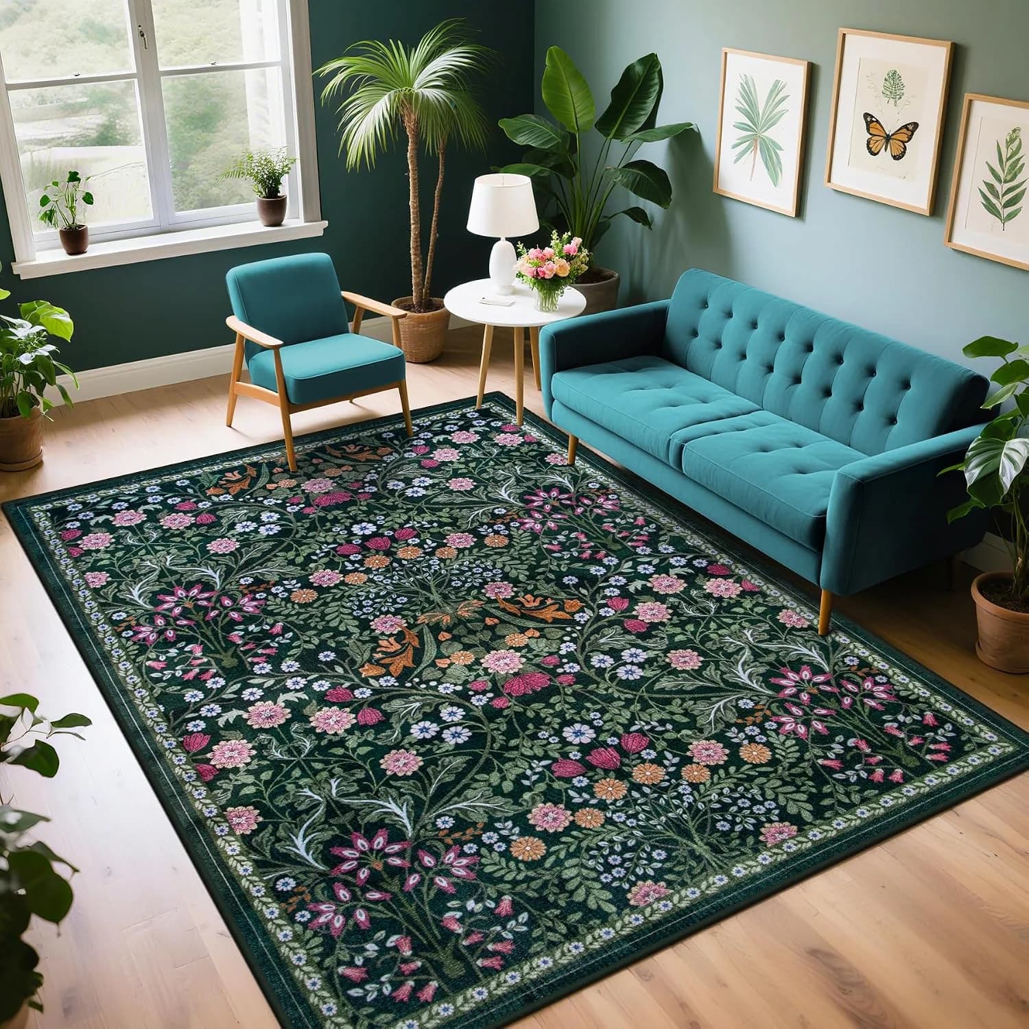 PLHXFR 6x9 Area Rug Living Room: Floral Washable Boho Carpet Dark Green