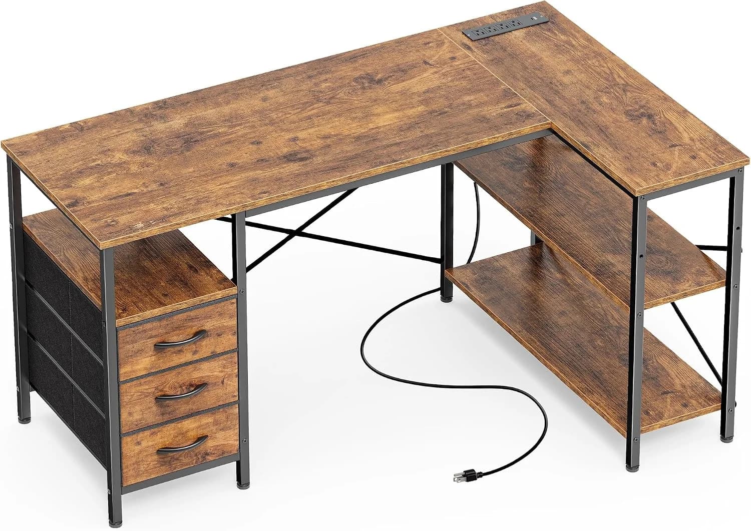 Huuger L Shaped Office Desk with Power Outlets & 3 Drawers
