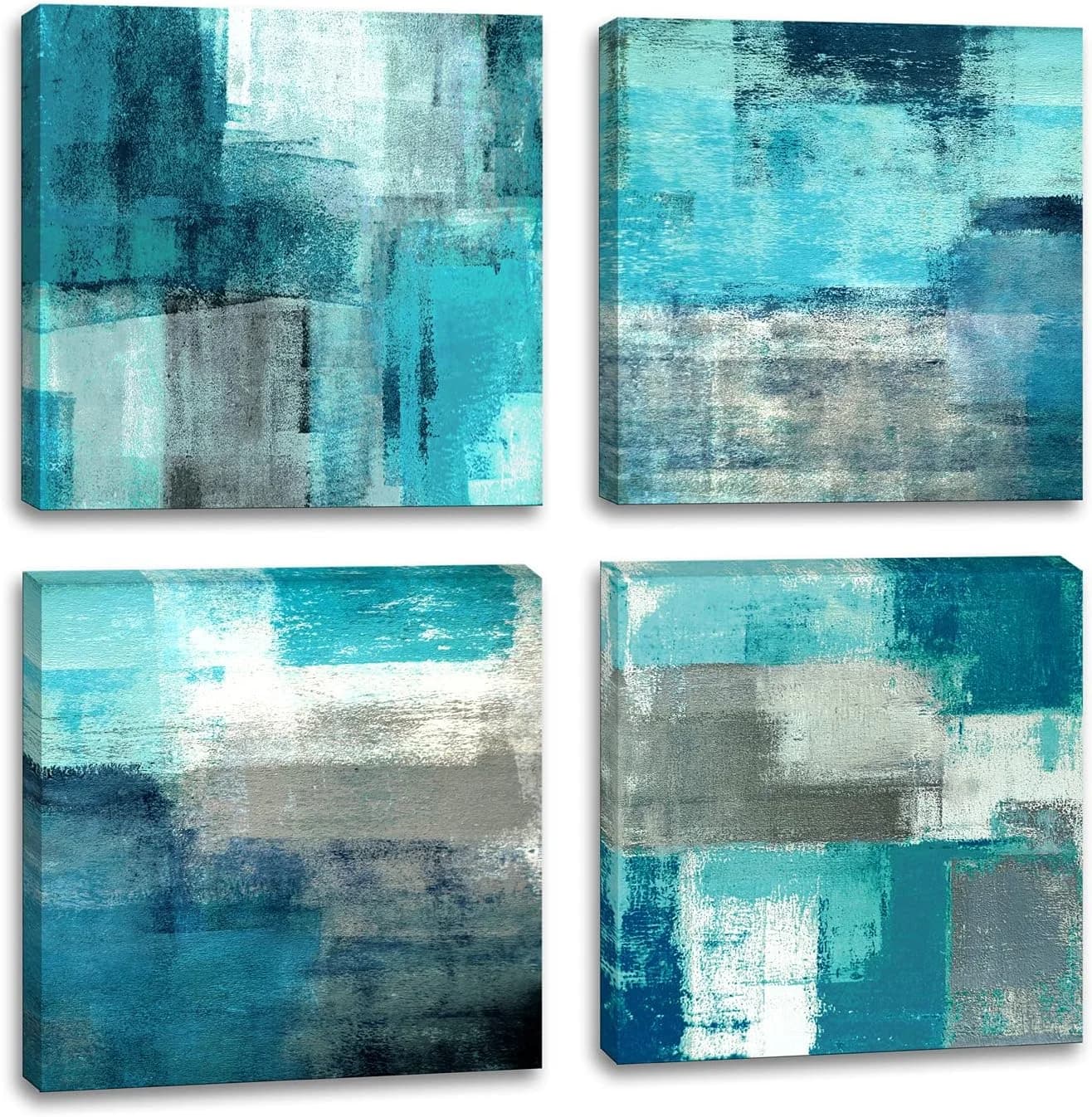 DYYJ Abstract Wall Art Canvas Turquoise and Grey Abstract Art Painting 12x12 inches 4 Pieces Canvas Prints for Bedroom,