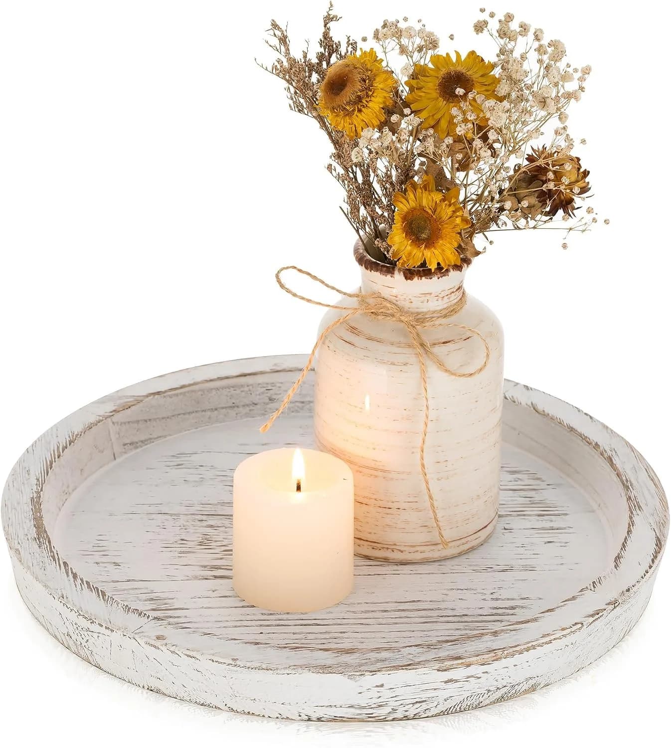 Romadedi Rustic Wooden Tray Candle Holder, Round, Distressed White
