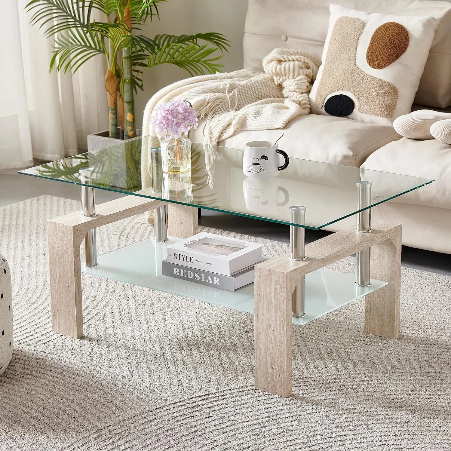 Living Room Rectangle Coffee Table, Tea Table Suitable for Waiting Room, Modern Side Coffee Table with Wooden Leg, Glass