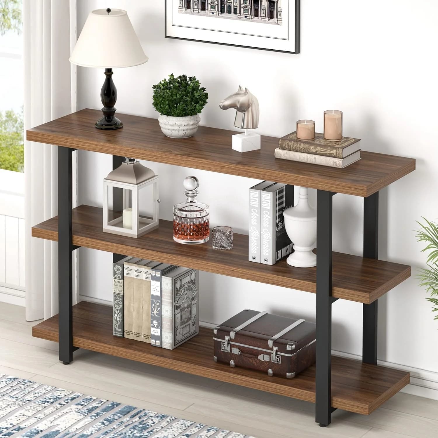 FOLUBAN Console Tables for Entryway, Modern Wood and Metal Sofa Table with Storage Shelves for Living Room, Hallway, Ent