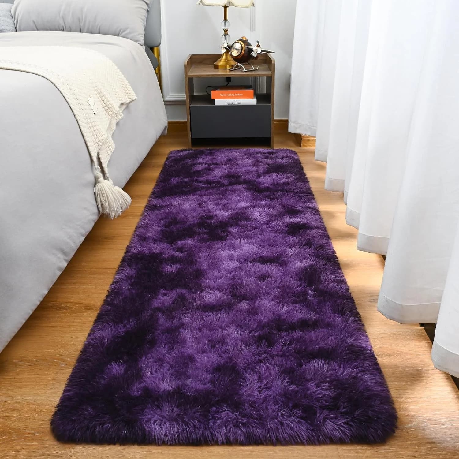 Goideal Fluffy Runner Rug for Bedroom Living Room, 2x6 Purple Bedside Rugs, Faux Fur Shag Modern Carpet Ultra Soft Girls