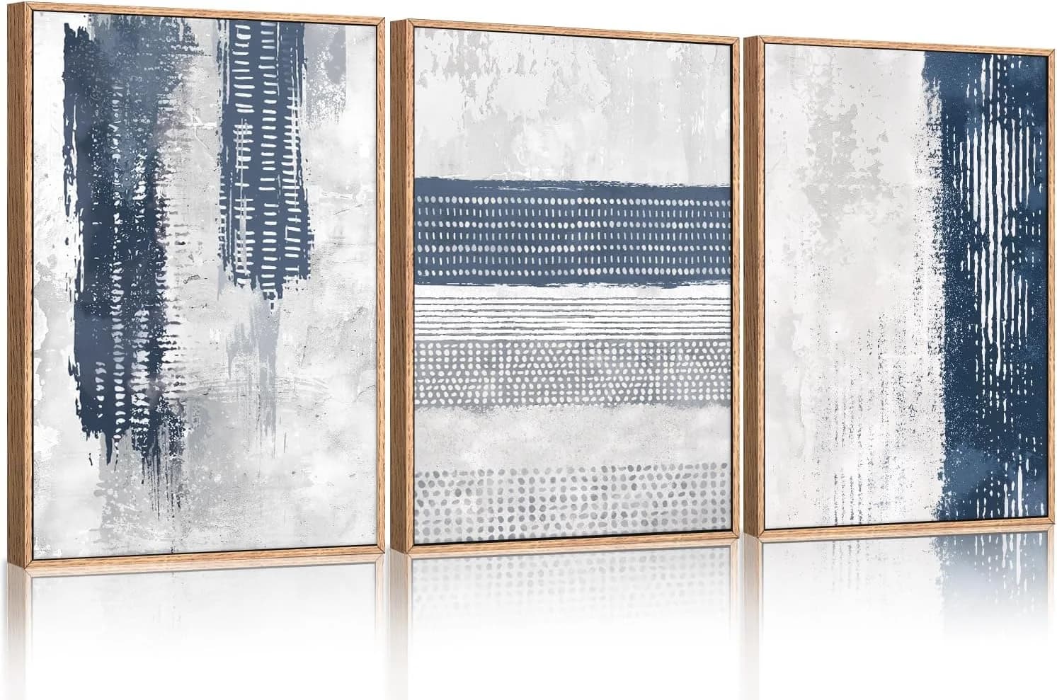 HLNIUC Navy Blue Abstract Framed Wall Art Set, Neutral Minimalist Canvas Wall Decor, Mid Century Modern Wall Painting, G