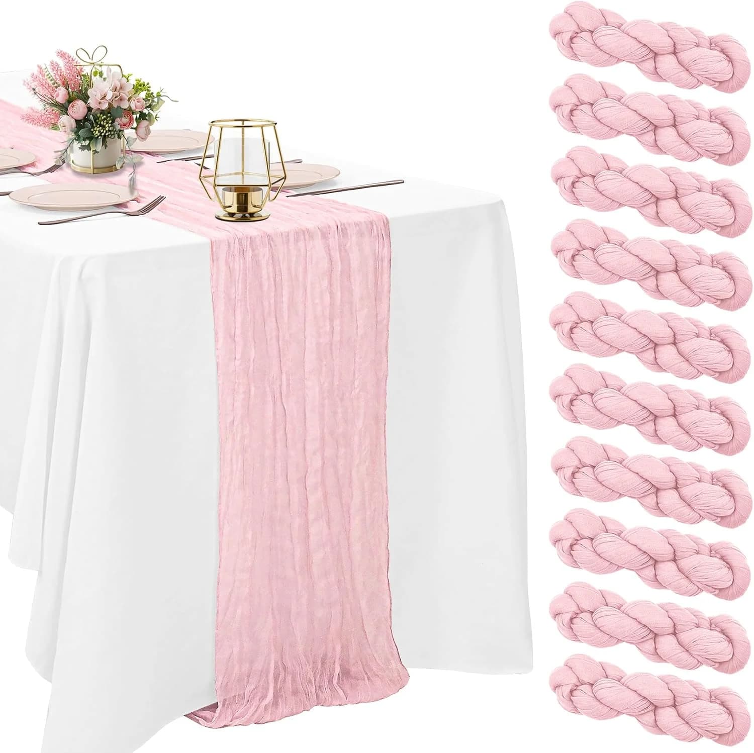 10 Pack Light Pink Cheesecloth Table Runner 10FT Boho Gauze Fabric Table Runner Vintage Rustic Sheer Runners for Wedding
