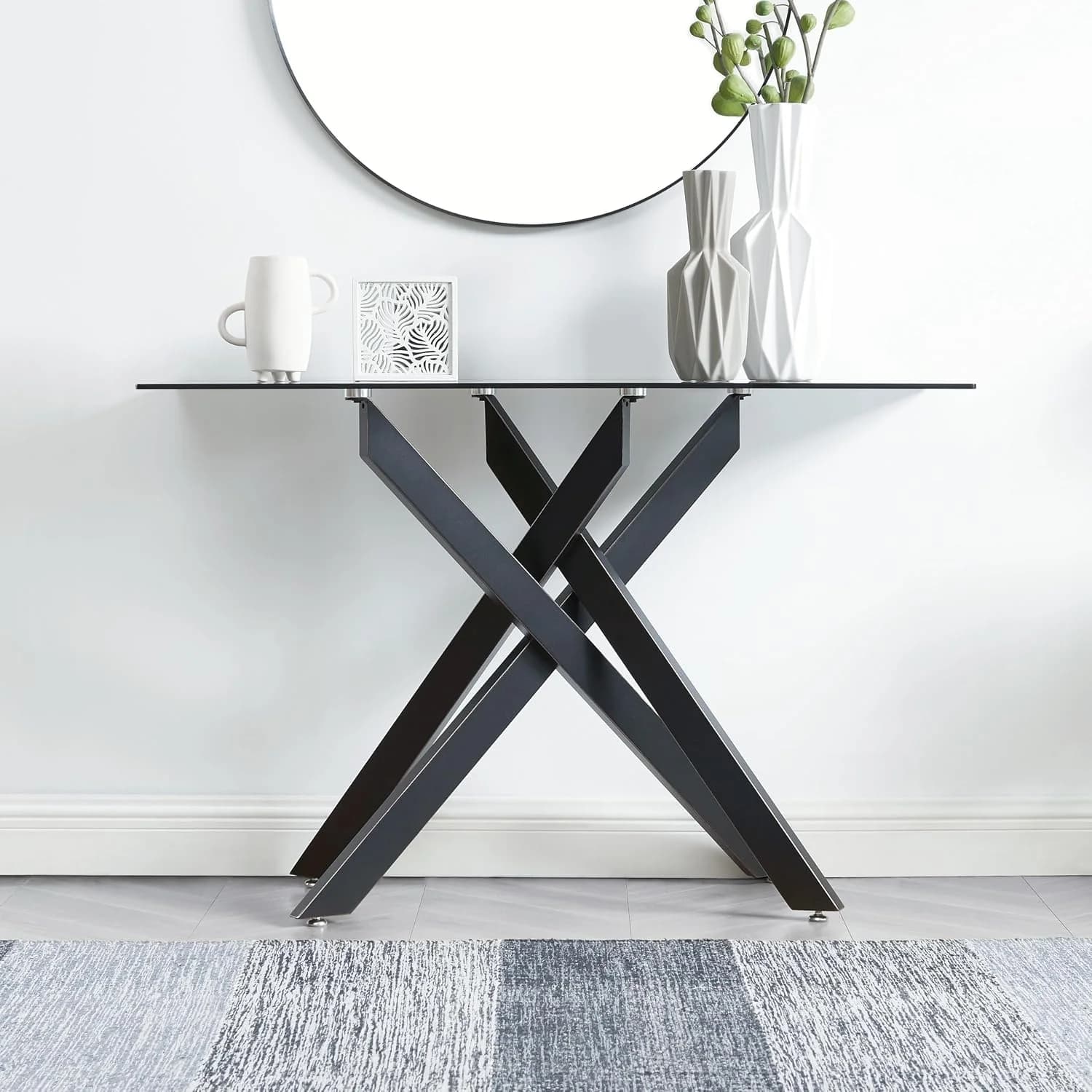 Edwin's Choice Black Glass Console Table Narrow Sofa Table with Grey Tempered Glass Top and Black Metal Tubular Legs wit
