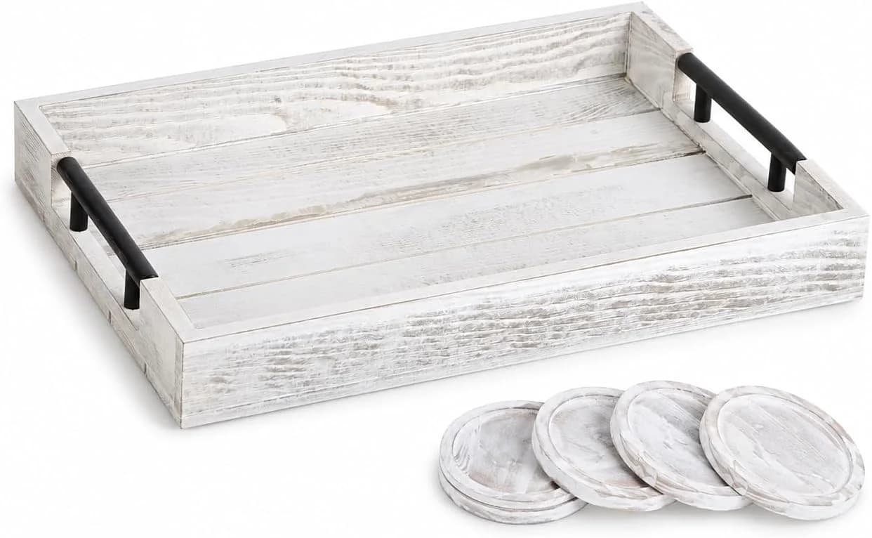 Whitewashed Wooden Serving Tray with Black Metal Handles and 4 Coasters, 16.1 x 11.8 Inch Rustic Farmhouse Ottoman Tray