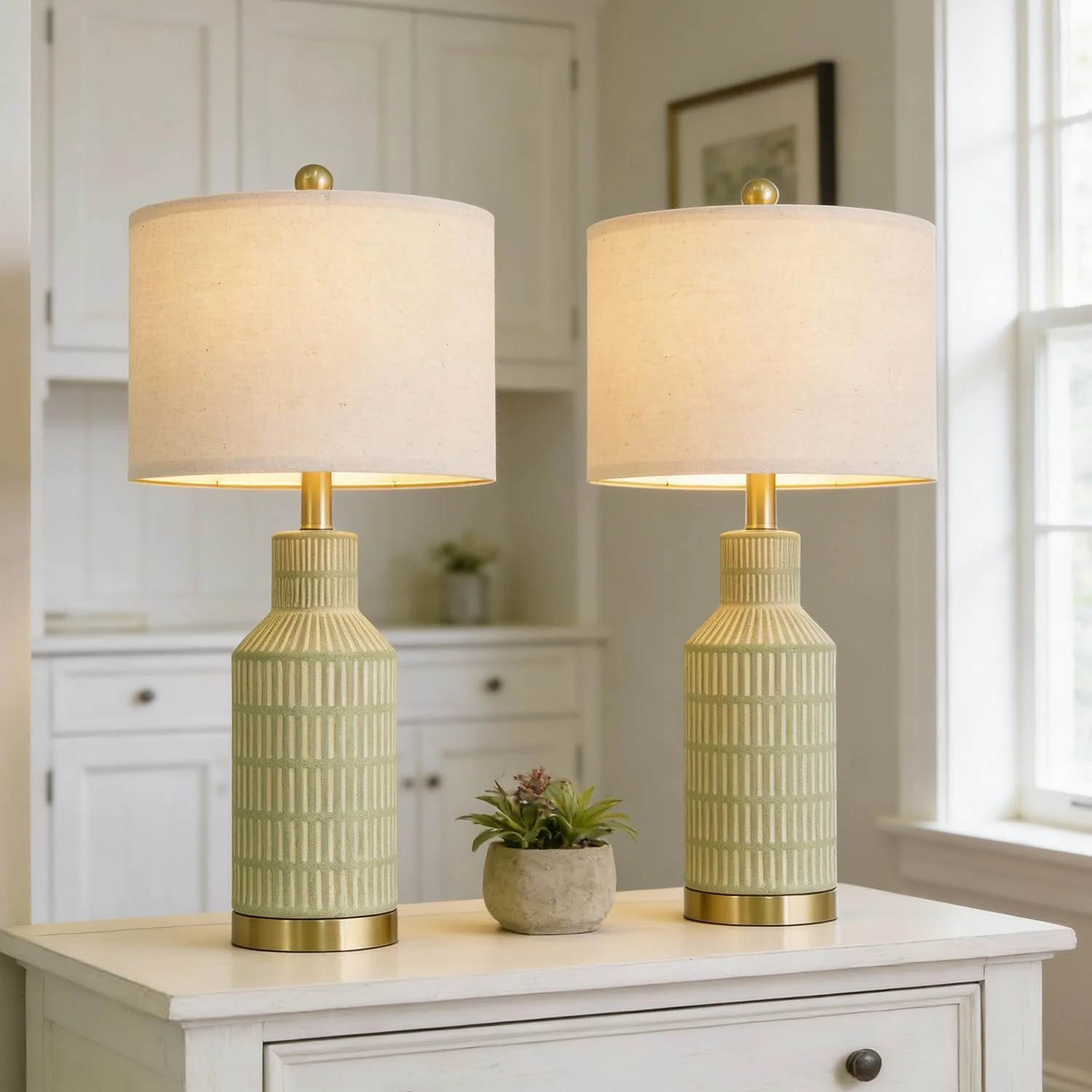 USumkky 25" Green Ceramic Table Lamp - Modern Bedside Nightstand Lamp, Easy Assembly Twist Knob Switch for Bedroom Livin