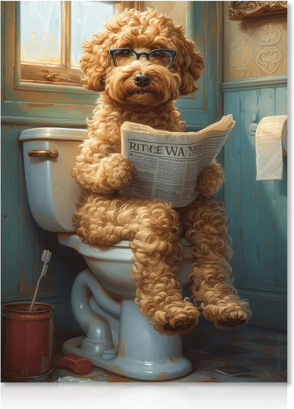 Dazzlewall Funny Animal Bathroom Wall Art Dog Reading the Newspaper on Toilet Dog Canvas Painting for Toilet Bathroom 12