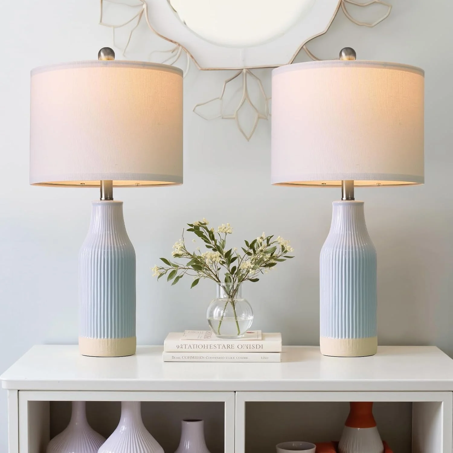 USumkky 23.75inch Light Blue Modern Ceramic Bedside Lamp Set of 2 with 5FT Cord for Bedroom Decor Farmhouse Table Lamp f