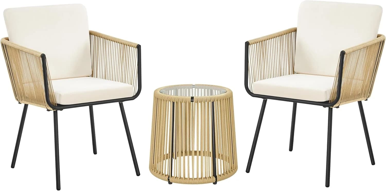 Yaheetech 3 Piece Patio Rattan Bistro Set, Outdoor All Weather PE Wicker Conversation Furniture Set with 2 Chairs & Temp