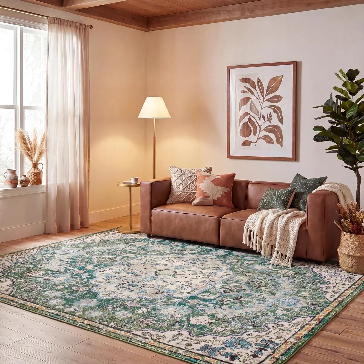 SAFAVIEH Area Rug 8x10 - Madison Collection - Large - Green & Turquoise, Boho Chic Medallion Distressed Design, Non-Shed