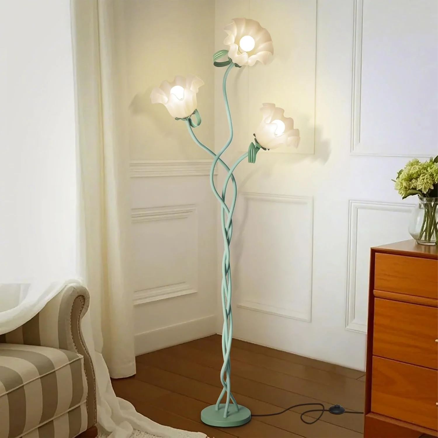 Flower Standing Lamp for Bedroom, Cute Corner Floor Lamp with Flexible Gooseneck,3 Light Floor Reading Lamp with 3 Color