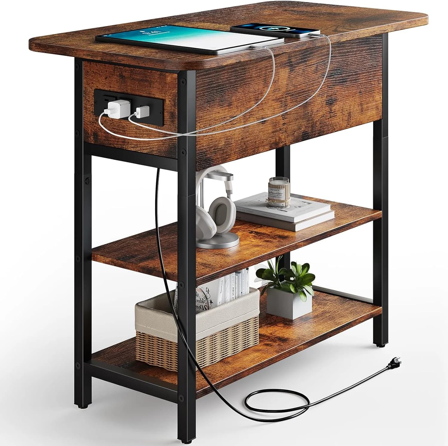 Yoobure End Table with Charging Station, Flip Top Side Table with USB Ports and Outlets, Sofa Couch Table Bedside Table