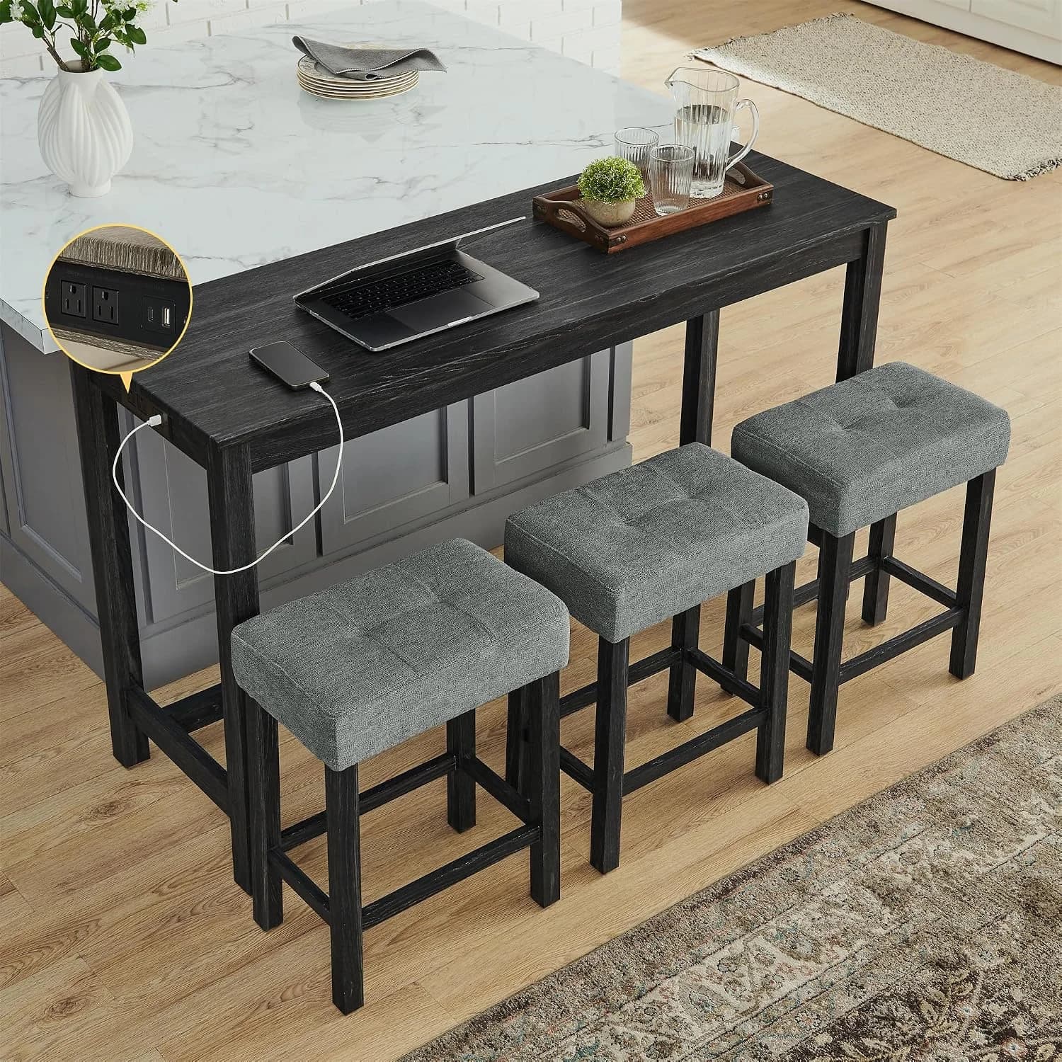 Merax 59" Bar Table Set with Power Outlet,Industrial Breakfast Table with 3 Upholstered Stools w/Footrest,4 Piece Counte
