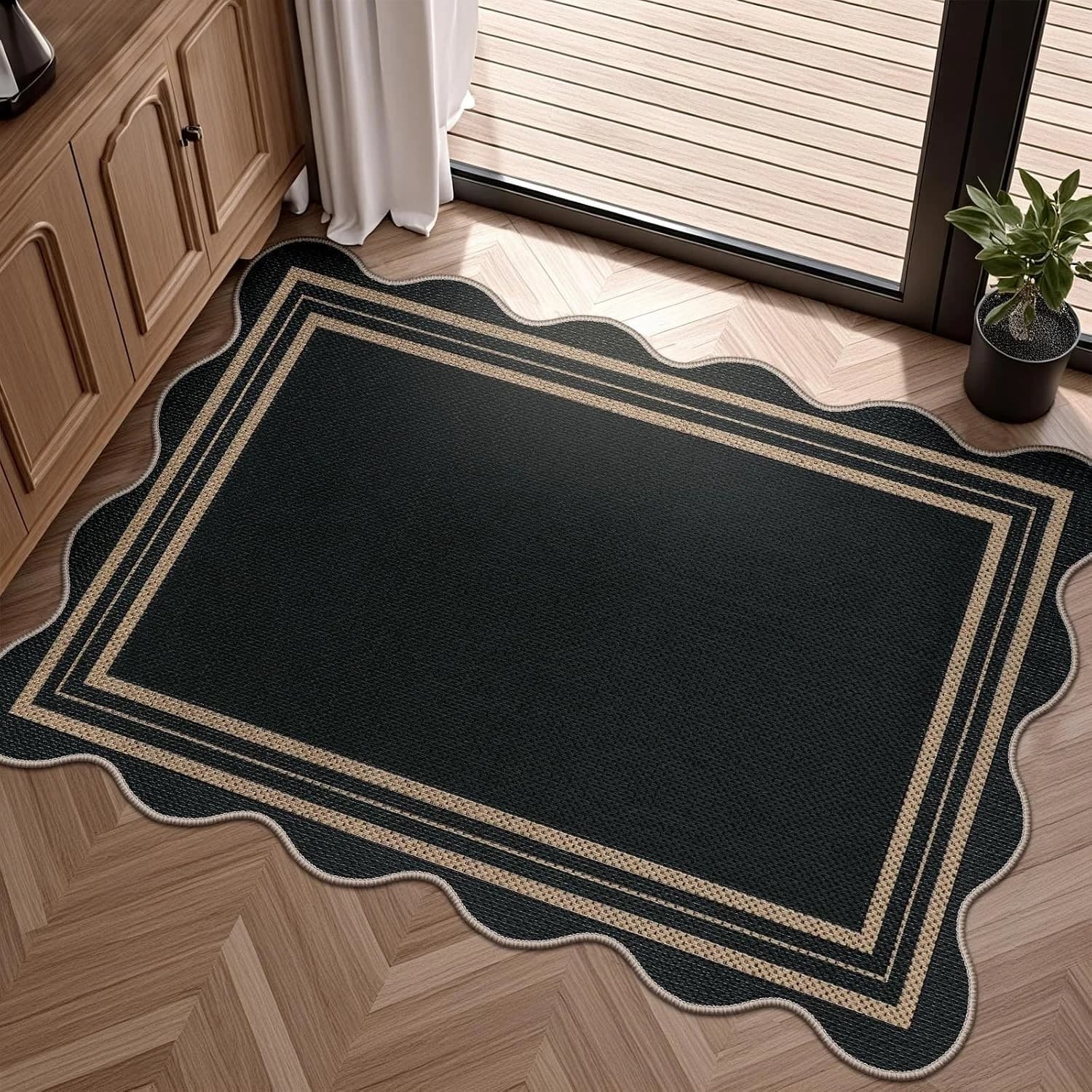 Easy Jute Black Entryway Rug, 2x3 Front Door Mat Washable Non Slip Small Kitchen Rug, Indoor Outdoor Farmhouse Scalloped