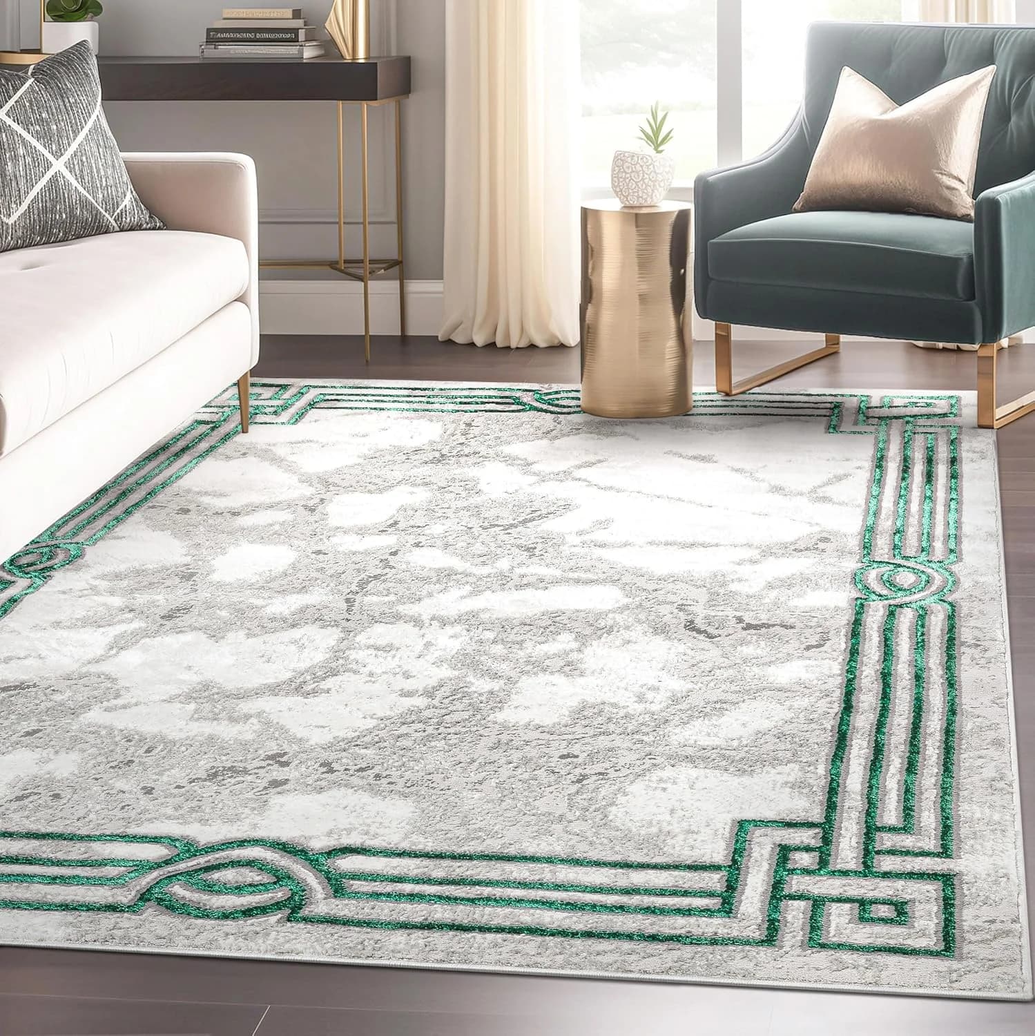 Well Woven Lezlee Abstract Modern 5'3" x 7'3" Area Rug - Emerald Green Marble Border - for Living Room, Dining Room, Bed