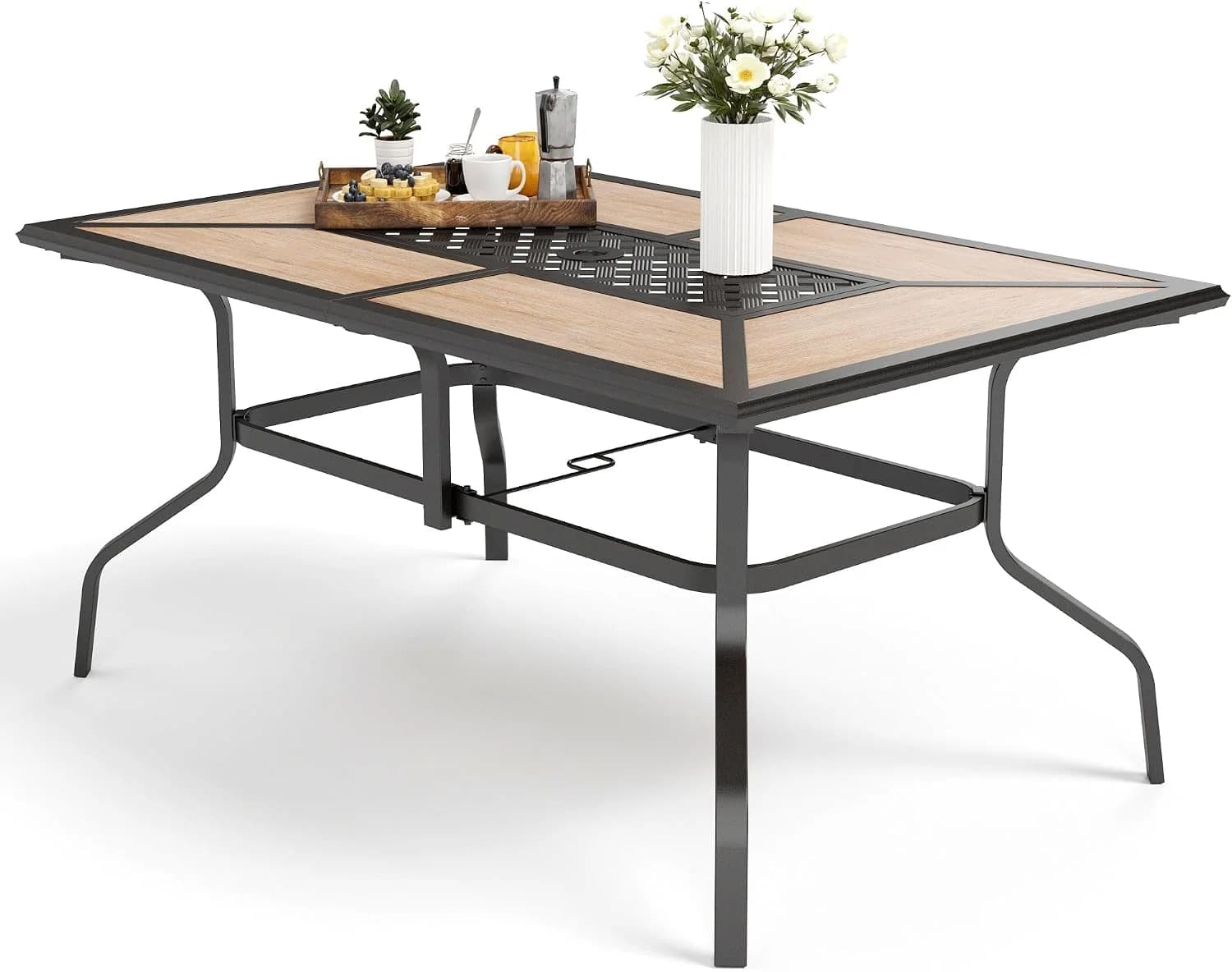 MFSTUDIO Outdoor Dining Table for 6, Long Metal Table w/Umbrella Hole
