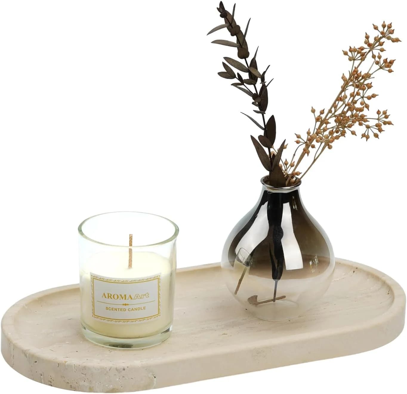 Koville Italian Travertine Tray, 12"x6" Vanity Decorative Marble Tray for Countertop, Catchall Tray for Perfume, Candles
