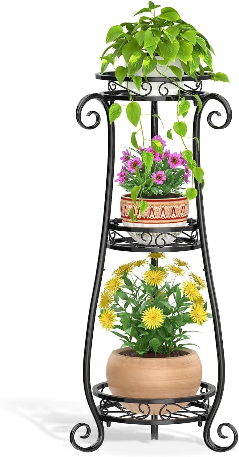 LASZOLA 3 Tiers Metal Corner Plant Flower Stand Tall Indoor Outdoor, Black